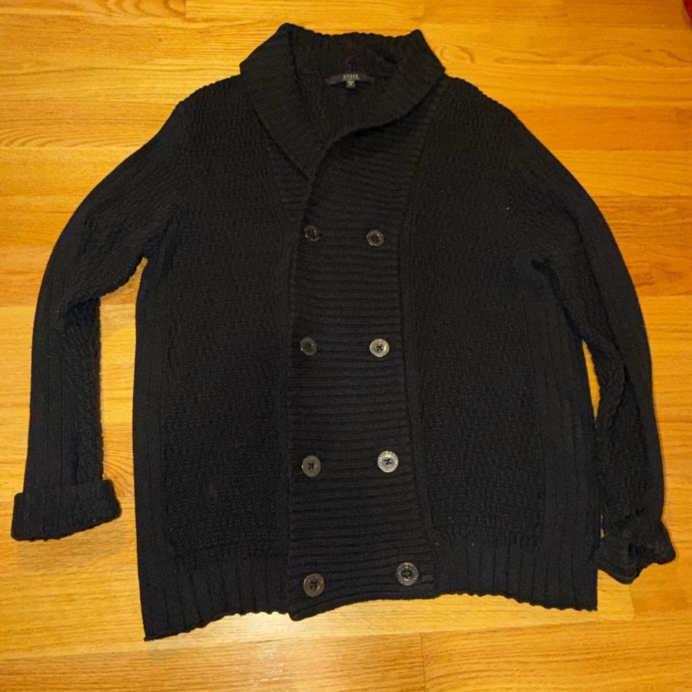Guess Men XXL Black Double Breasted Button Cardigan Chunky Knit Sweater